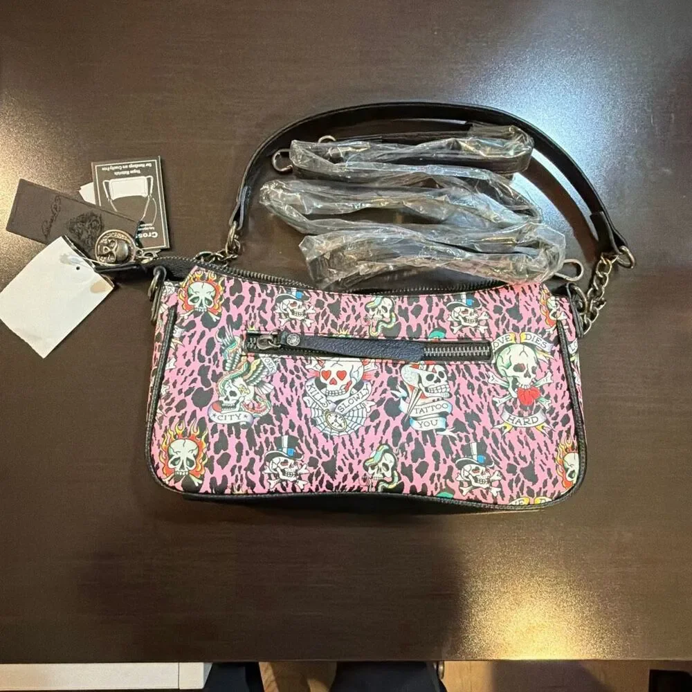 NWT Ed Hardy pink‎ leopard tattoo baguette bag